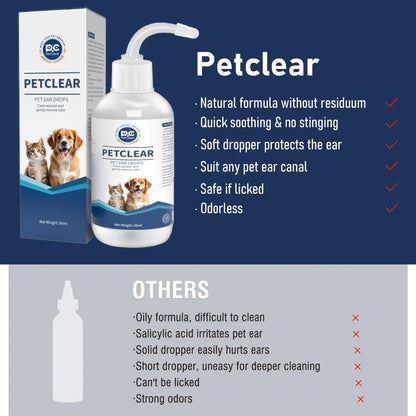 PetClear 60ml Natural Ear Drops - Dogs Cats Ear Care, Mite/Wax/Odor Removal, Itch Relief, No Stinging/Residue, Soft Dropper petbloomstore