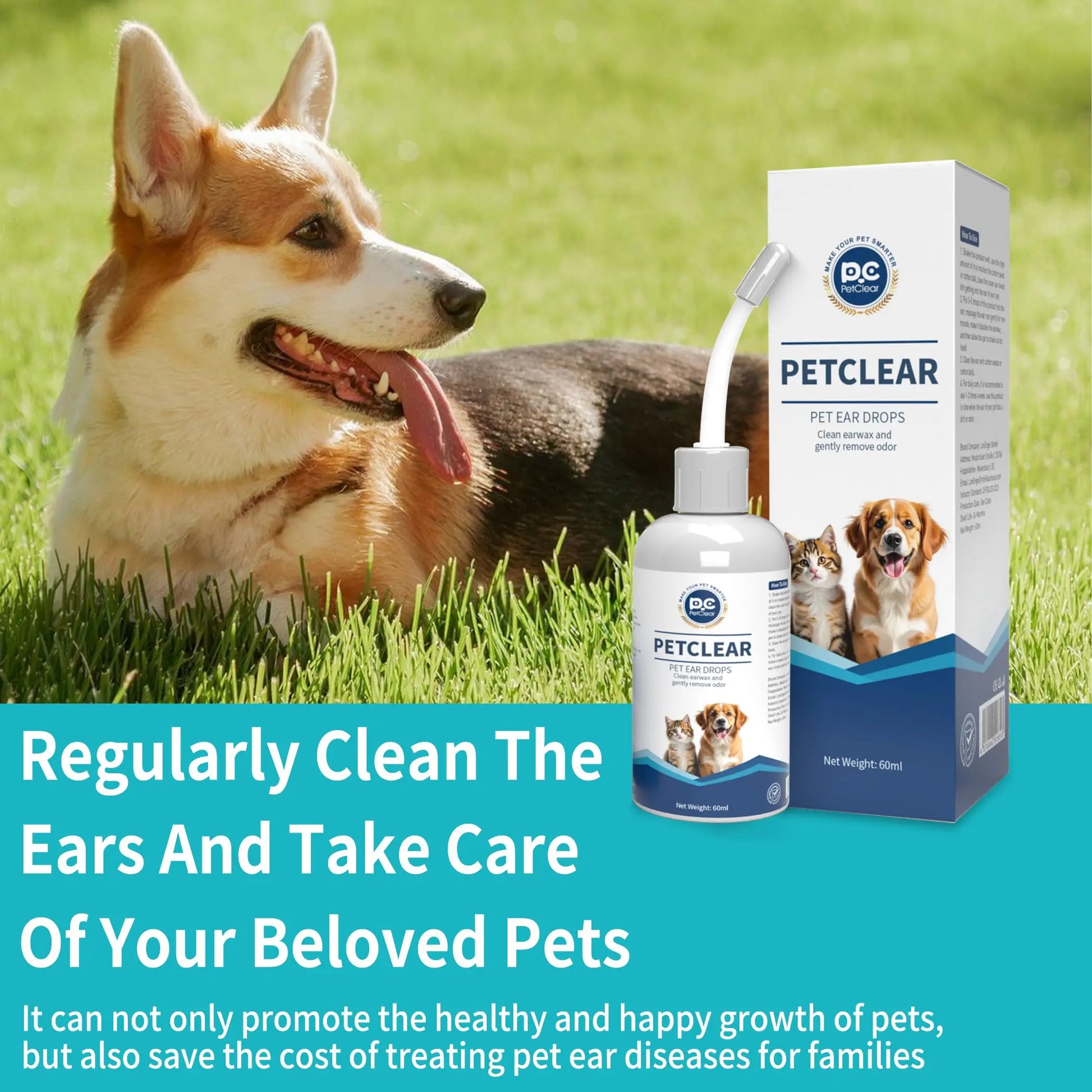 PetClear 60ml Natural Ear Drops - Dogs Cats Ear Care, Mite/Wax/Odor Removal, Itch Relief, No Stinging/Residue, Soft Dropper petbloomstore