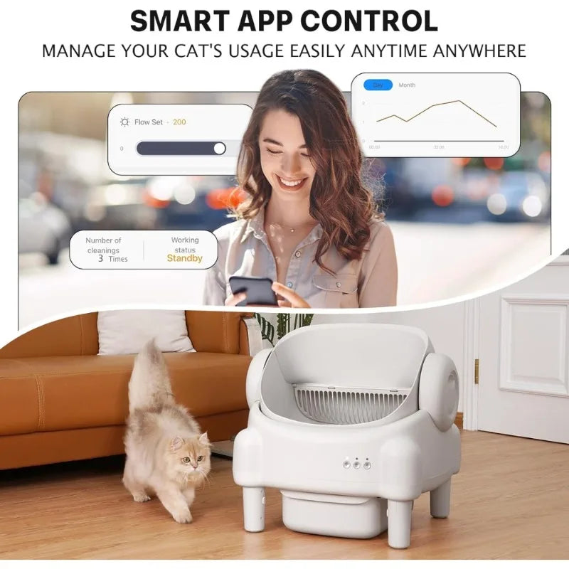 US Shipping Open Top Automatic Self Cleaning Litter Box for Multiple Cats with App Control Safety Sensors Odor Control petbloomstore