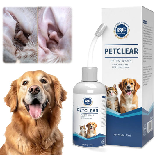 PetClear 60ml Natural Ear Drops - Dogs Cats Ear Care, Mite/Wax/Odor Removal, Itch Relief, No Stinging/Residue, Soft Dropper petbloomstore