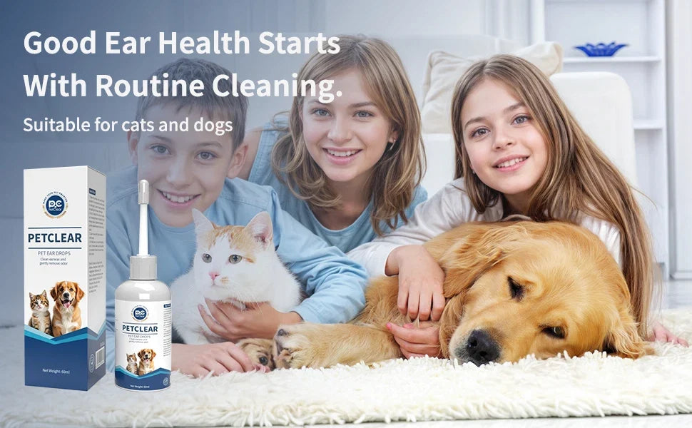 PetClear 60ml Natural Ear Drops - Dogs Cats Ear Care, Mite/Wax/Odor Removal, Itch Relief, No Stinging/Residue, Soft Dropper petbloomstore