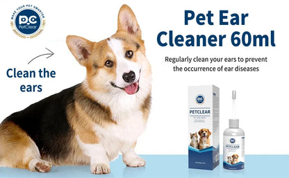 PetClear 60ml Natural Ear Drops - Dogs Cats Ear Care, Mite/Wax/Odor Removal, Itch Relief, No Stinging/Residue, Soft Dropper petbloomstore